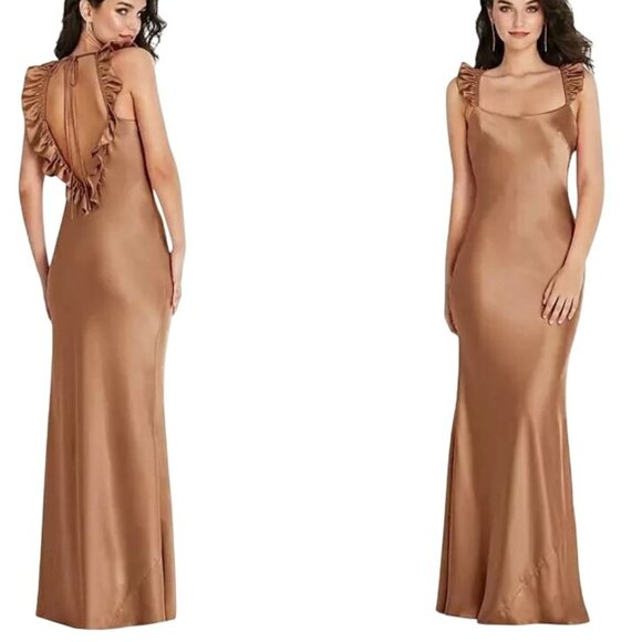 NEW Social Bridesmaids Ruffle Trimmed Open-Back Maxi Slip Dress Toffee Size LB - Picture 1 of 14